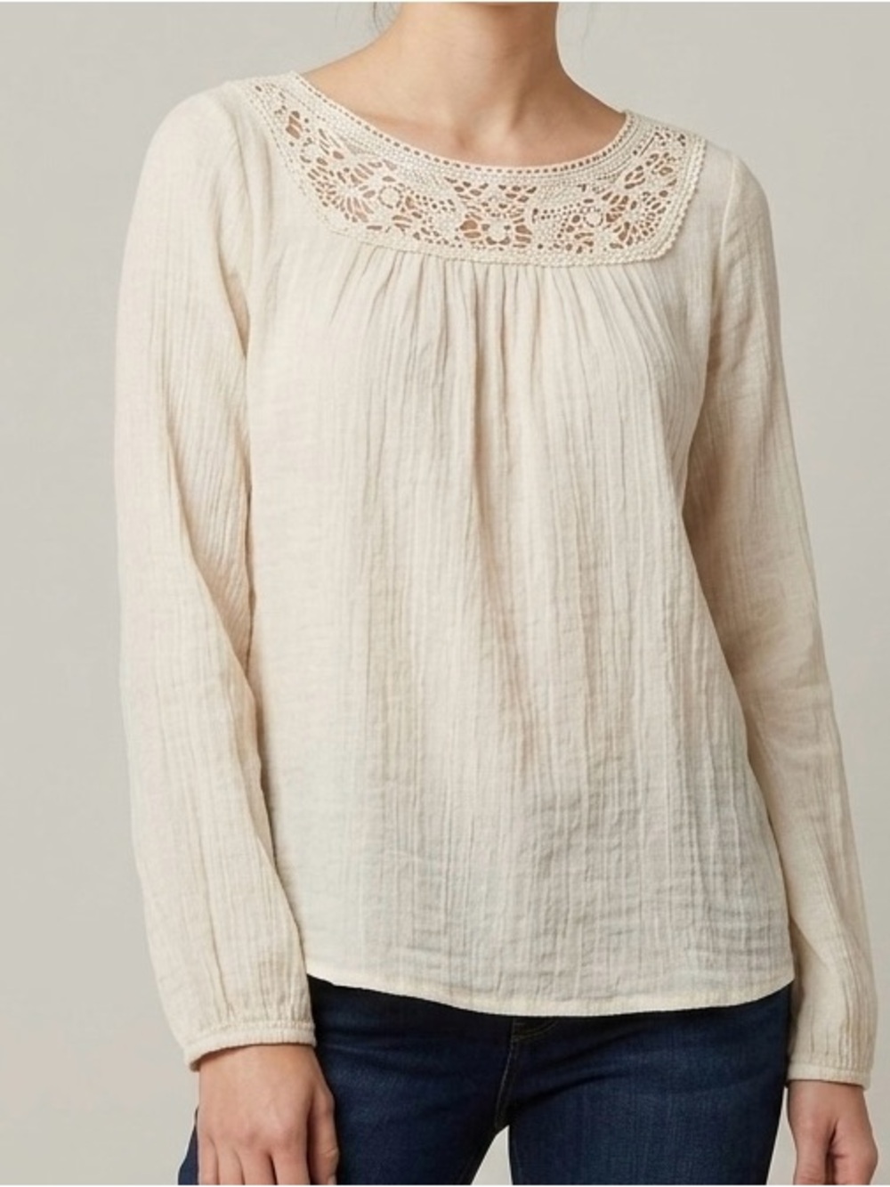Sugar Rain Crochet Yoke Boho Blouse Cream Size Medium